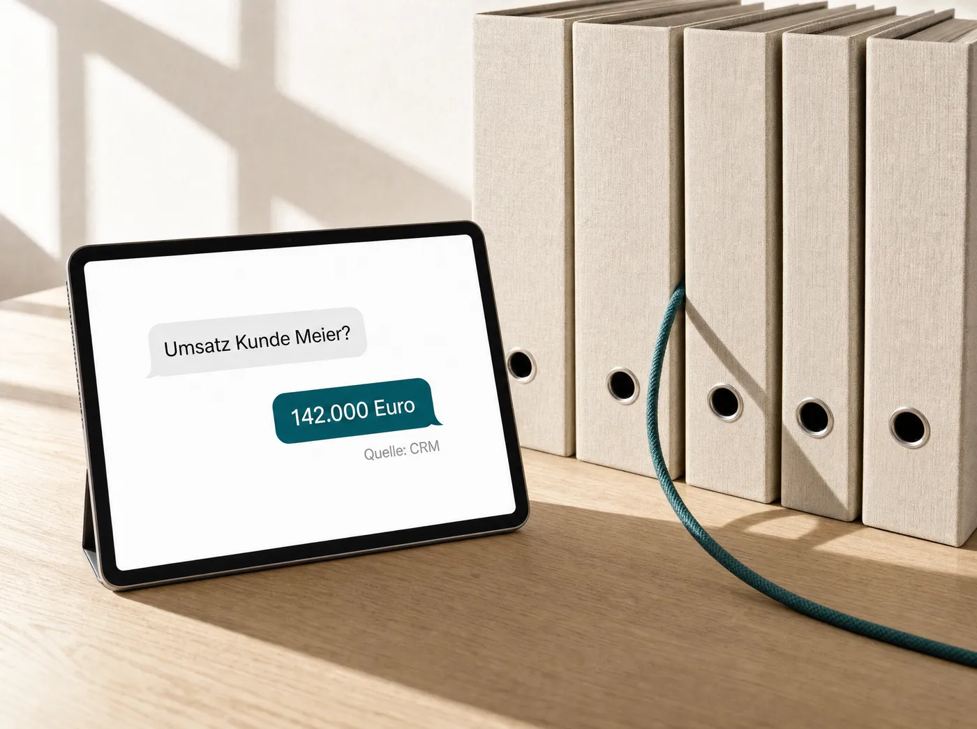 Tablet mit einem Chat, dahinter Aktenordner, eine Kordel führt vom Ordner ins Gerät