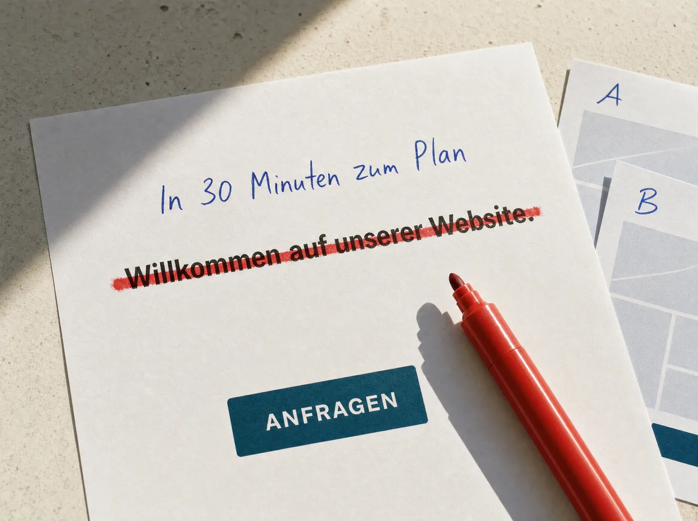 Seitenentwurf, die Headline rot durchgestrichen, darüber handschriftlich die neue Fassung