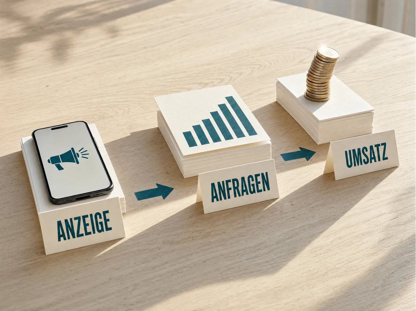 Anzeige, steigendes Balkendiagramm und Münzstapel als Kette von links nach rechts
