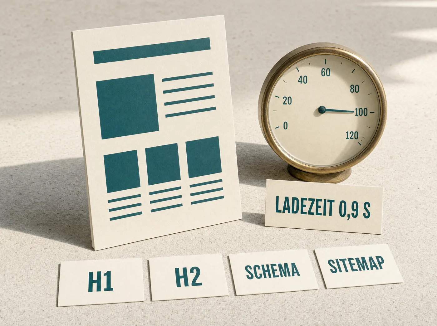 Seitenentwurf neben einer Tachoanzeige auf 100, darunter Tags für H1, H2, Schema und Sitemap