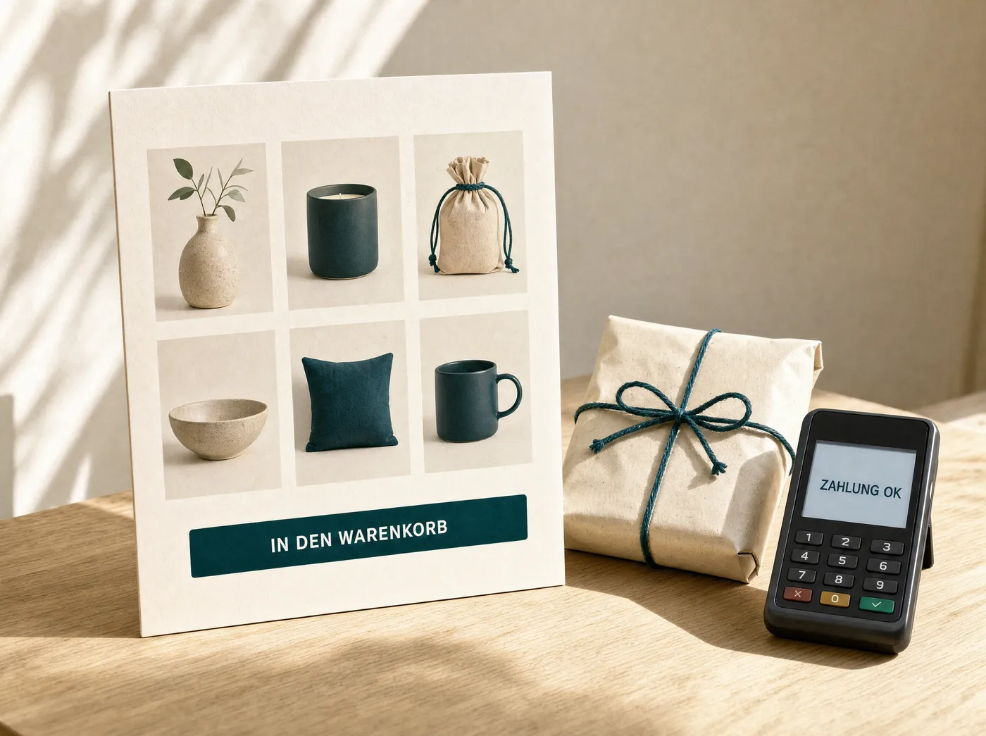 Seitenentwurf mit Produktraster, daneben ein verschnürtes Paket und ein Kartenterminal